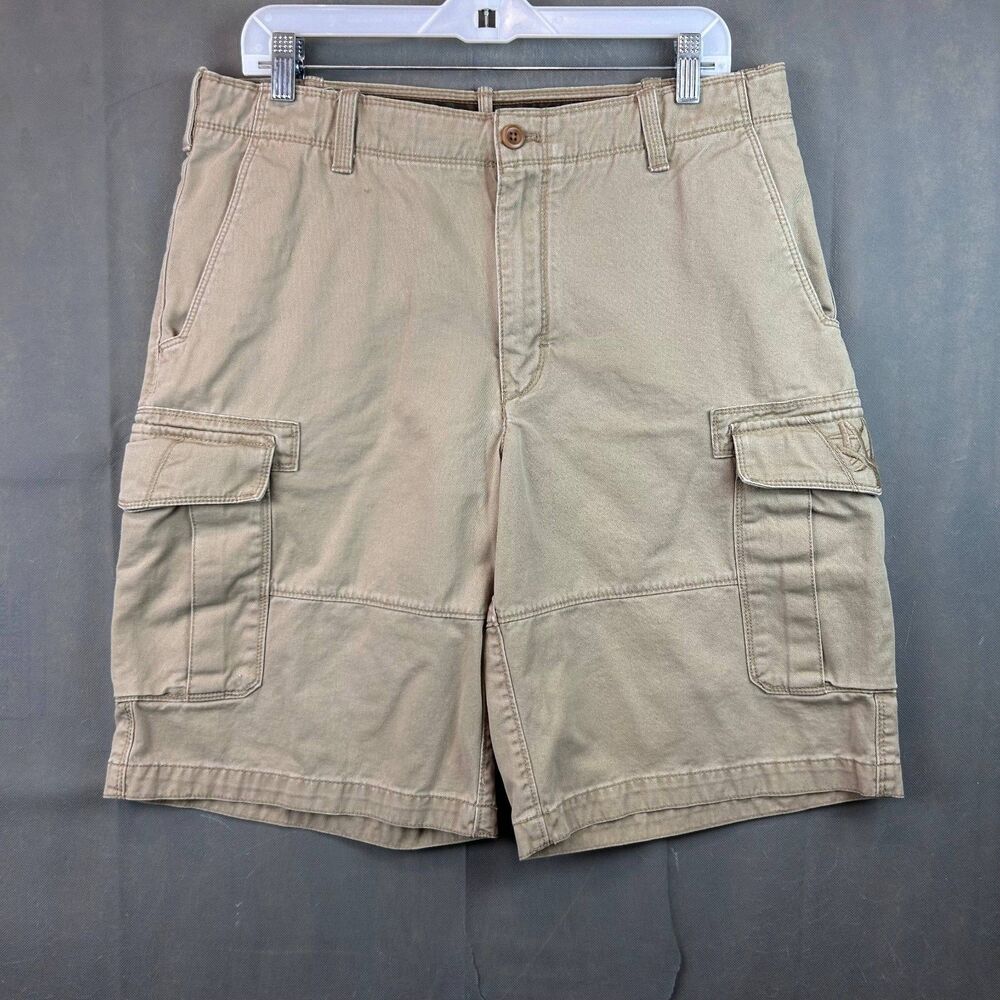 Timberland Cargo Shorts Men's 34 Khaki Cotton Denim Embroidered Mid-Rise Zip Fly